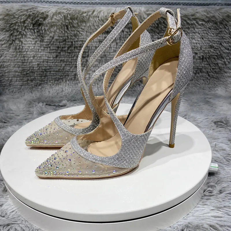 2025 New Pair Of Glitter Heels Female Fairy Style Stiletto Heels Rhinobarrhine-Pointed Wedding Shoes Super High