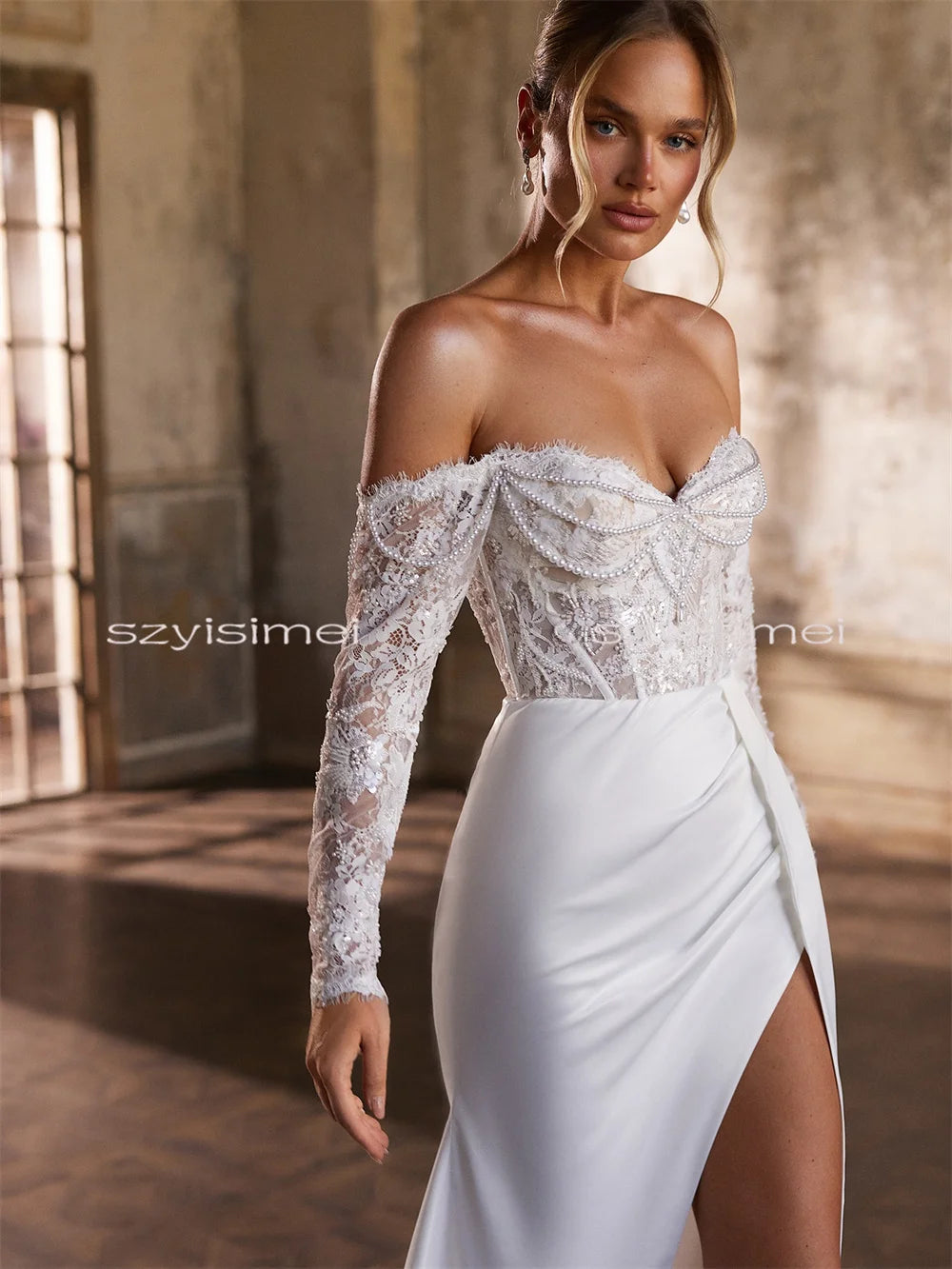 Lace Mermaid Wedding Dress Front Split Bridal Dresses Backless Corset Custom Made 3/4 Sleeves Bridal Gown Vestido De Novia