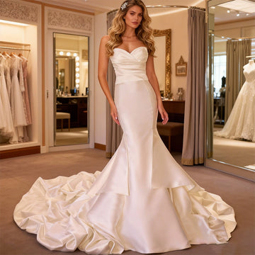 Elegant Satin Puffy Sheath Wedding Dresses For Bride Strapless Pleated Long Mermaid Bridal Party Gown With Strain Vestidos Novia