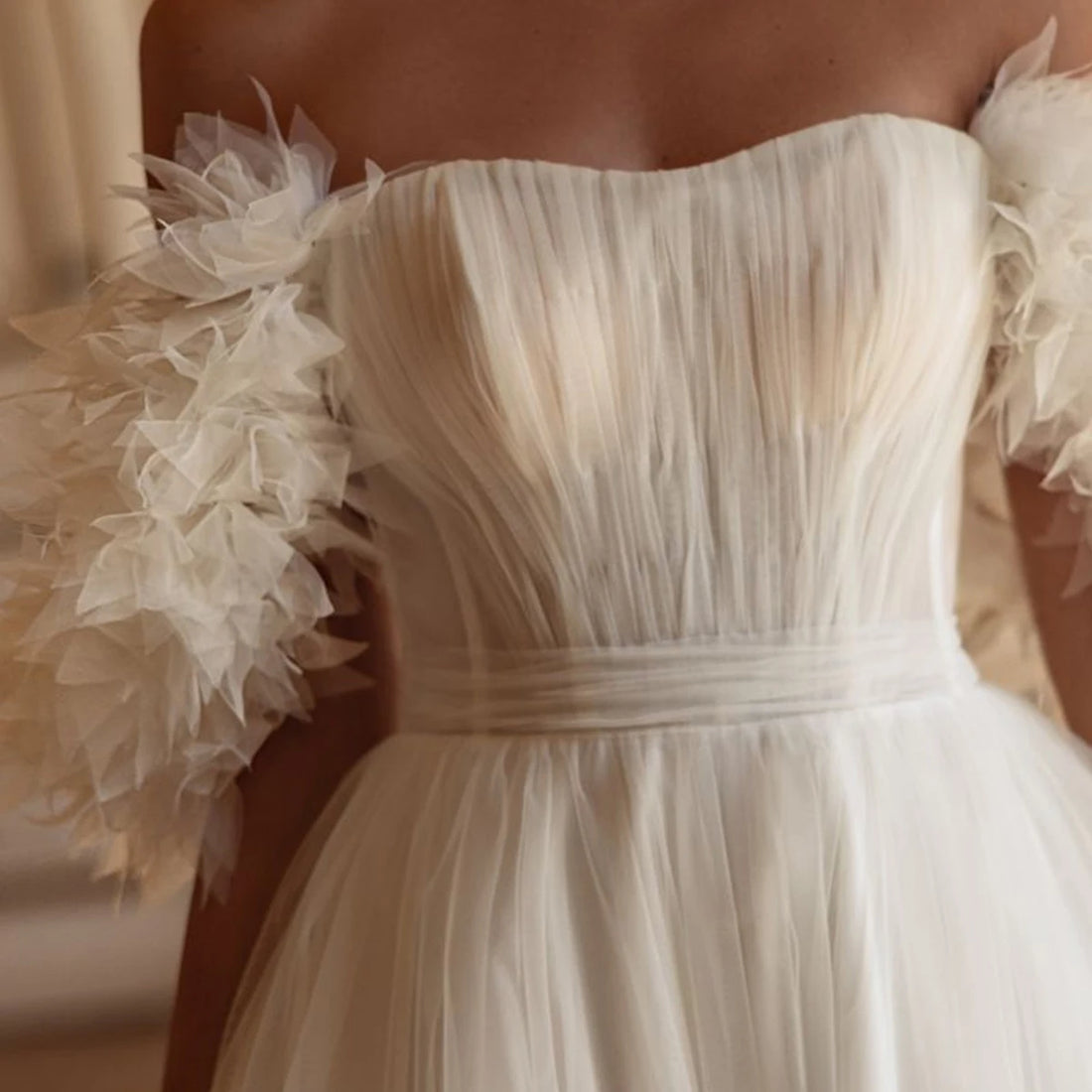 Elegant Puffy Tulle Wedding Dress With Train Long Off Shoulder Ball Gown For Bride Vestidos Novia Flower Bridal Party Gown