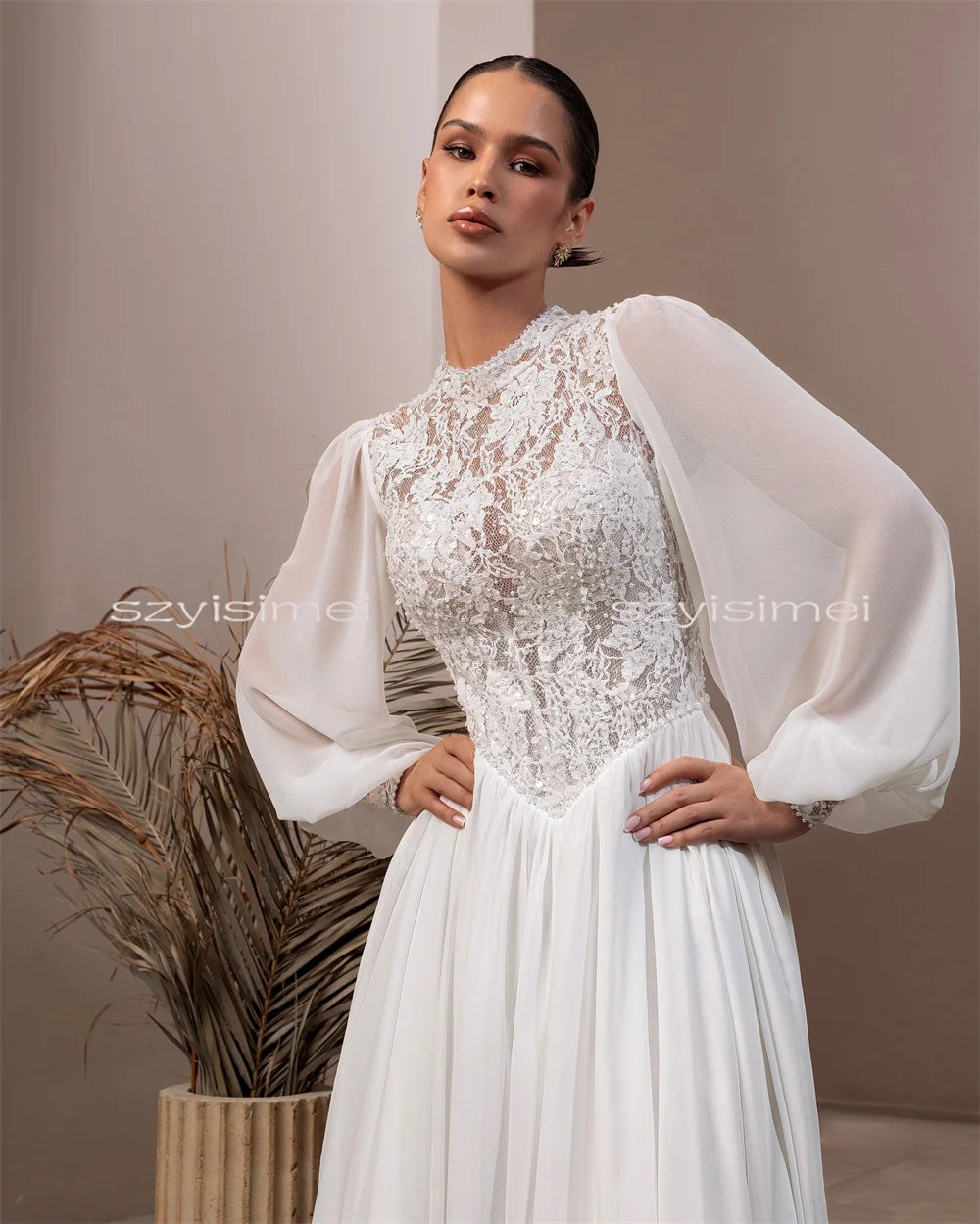 LuxuryHigh Neck Lace Applique Wedding Dress Long Sleeve A-Line Front Split Customizable Bridal Dresses For Wedding  202