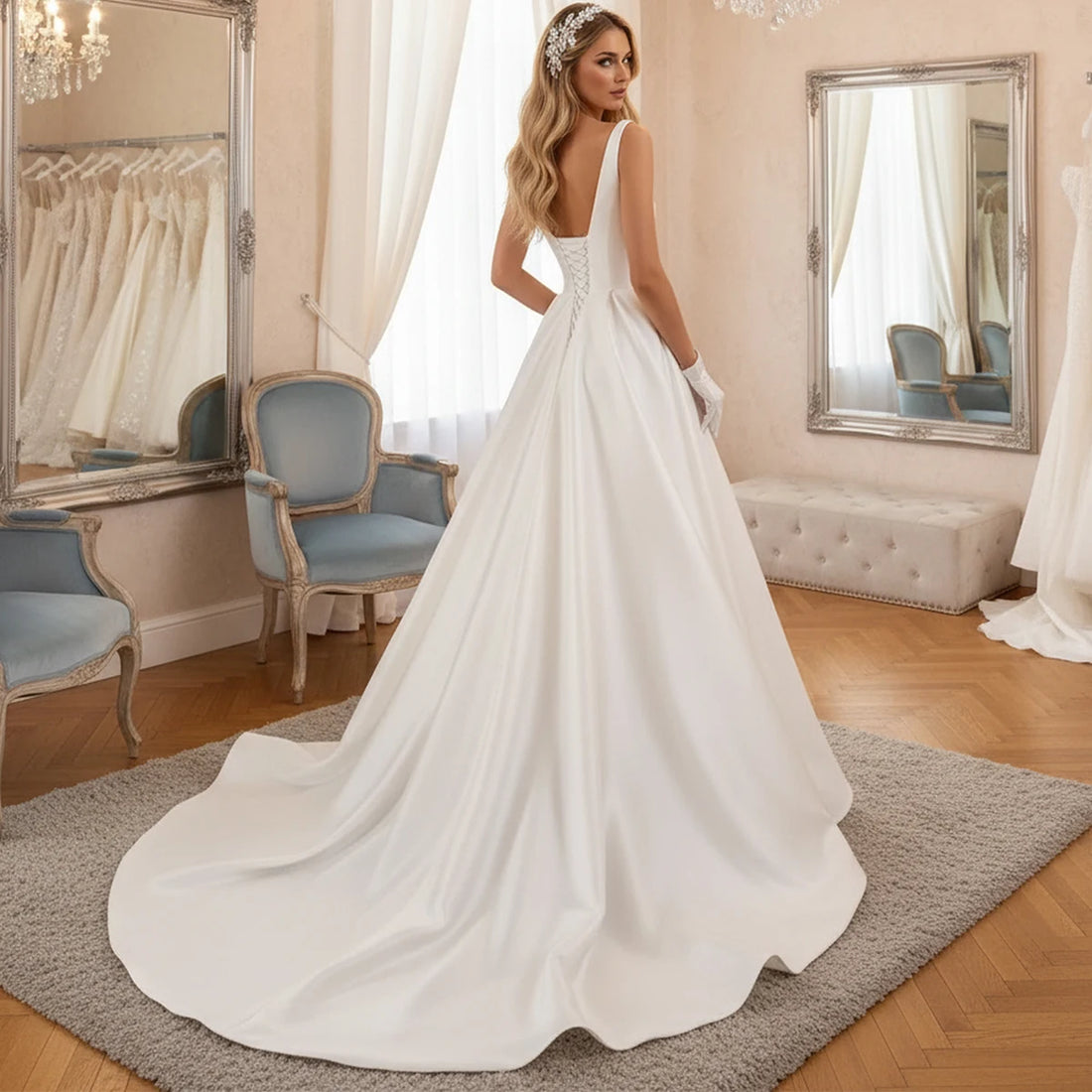 Elegant Satin Pleated Wedding Dress With Train Long A Line Ball Gown For Bride Vestidos Novia Backless Bridal Party Gown
