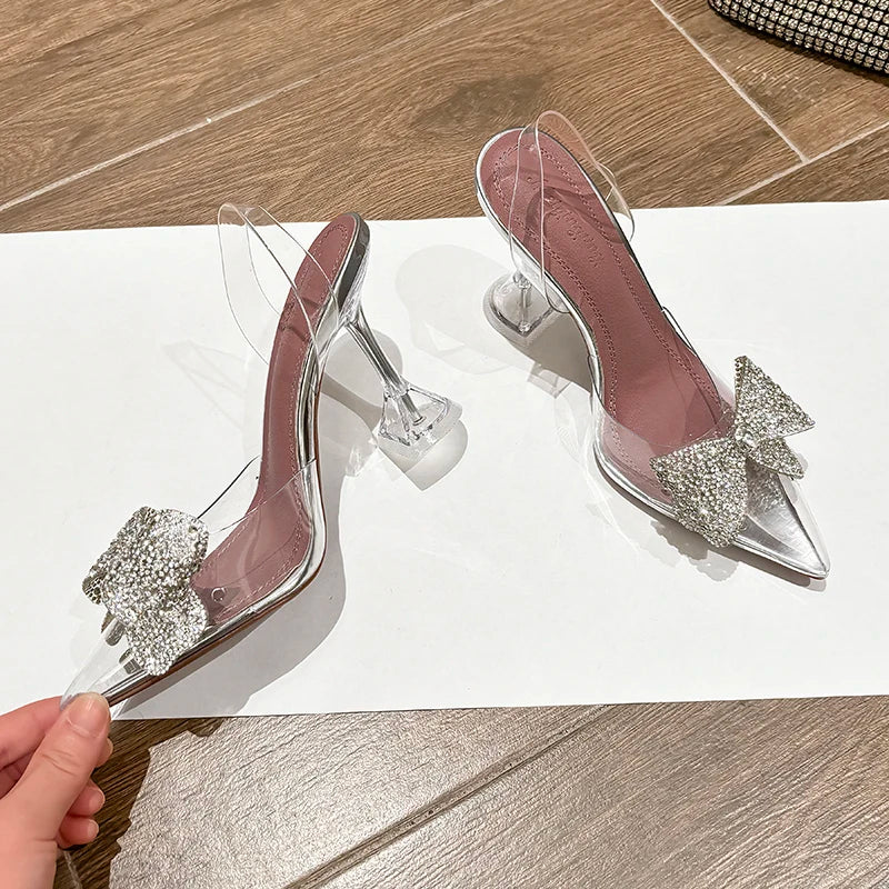 2025 New Style Xianfeng Crystal Transparent Sandals, Wedding Shoes, Water Diamond Bow High Heels