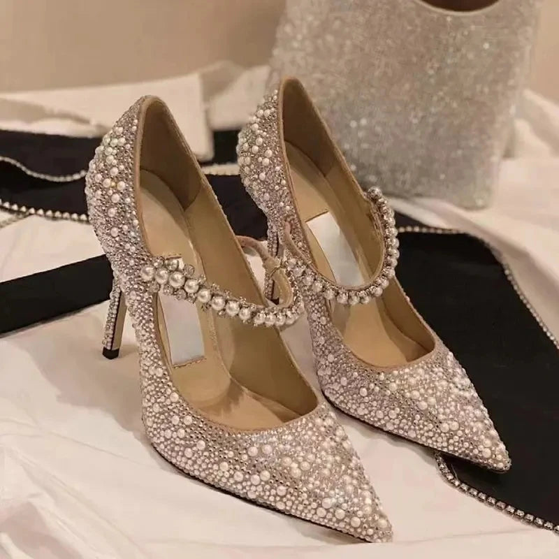 Bridesmaids Banquet Heels For Women 2025 New Skinny With Bride Wedding Shoes Dress Pearl Crystal Annual Meeting Single Shoes