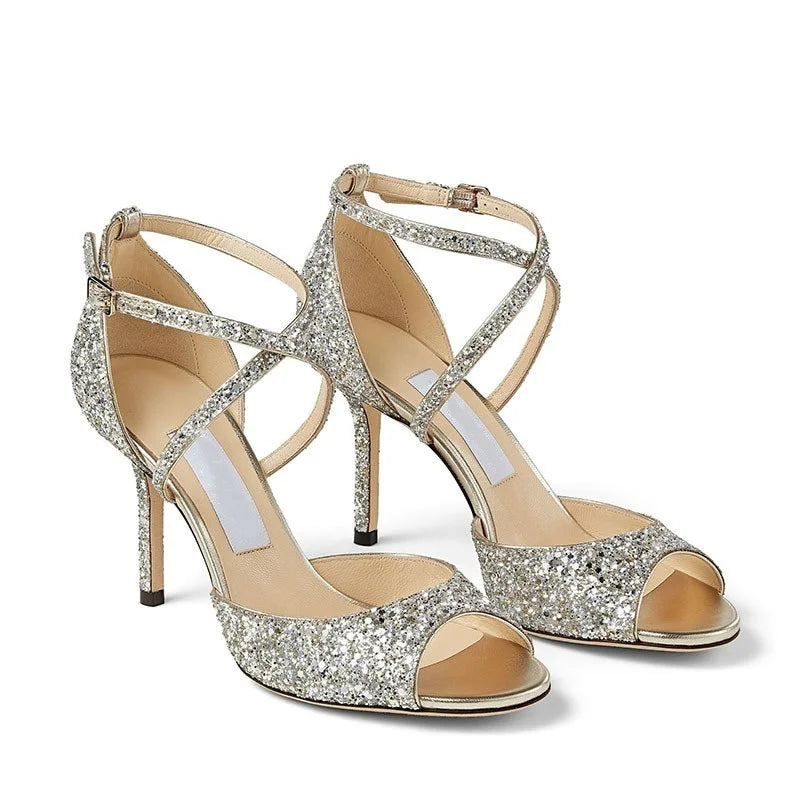 2025 Summer New Women'S Wedding Shoes Sequined Cross-Strap Stiletto Sandals Single Shoe Women'S Silver Bridesmaid Shoes