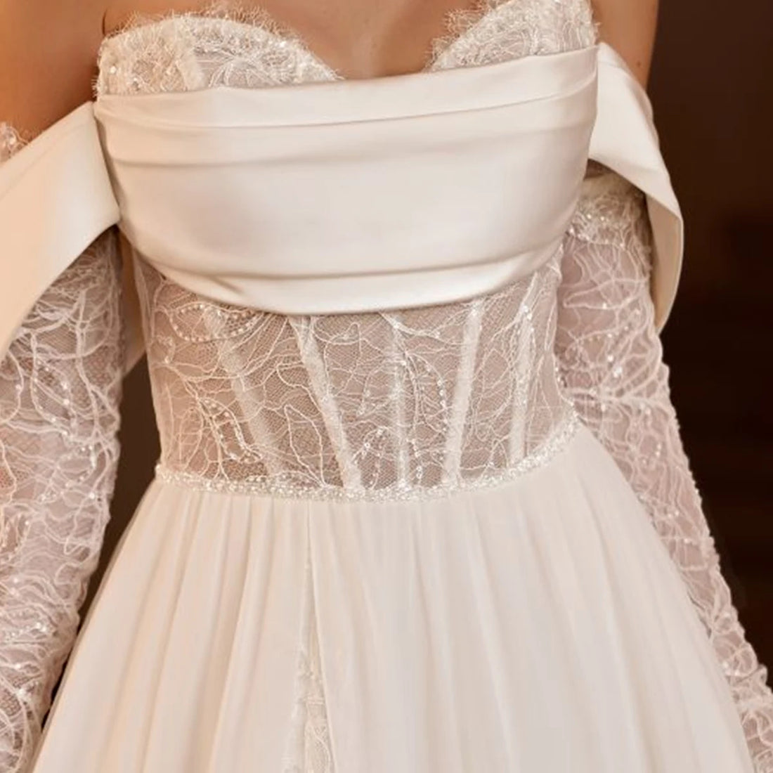 Luxury Sweetheart Lace Wedding Dress With Slit Satin Bridal Gown For Women Long Sleeve Off Shoulder Ball Gown Vestidos Novia