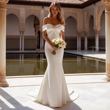 Elegant Vestidos Novia Mermaid Wedding Dress Long Satin Off Shoulder For Bride Button Hand Beading Bridal Party Gown For Women
