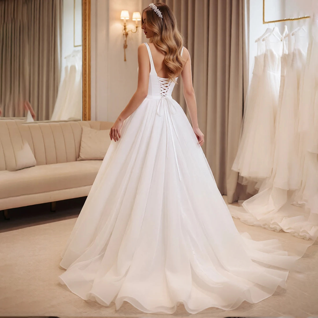 Simple V Neck Tulle Puffy Ball Gown Wedding Dresses For Women Vestidos Novia Long A Line Bridal Party Gown For Bride