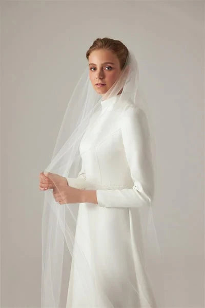 Muslim Fashion High Collar Ivory A-line Wedding Dresses Draped Pleat Flowers Belt Satin Bride Gown Floor Length robe de mariée