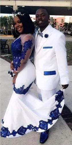 White Royal Blue Lace Aso Ebi African Prom Dresses Long Illusion Sleeves Appliqued Mermaid Evening Formal Gowns Pageant Dress