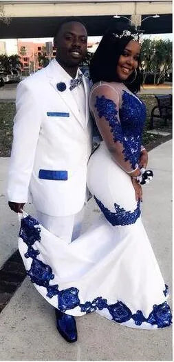 White Royal Blue Lace Aso Ebi African Prom Dresses Long Illusion Sleeves Appliqued Mermaid Evening Formal Gowns Pageant Dress