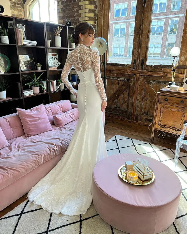 Elegant High Neck Mermaid Wedding Dress Long Sleeves Lace Illusion Button Bridal Gown Floor Length Vestidos De Novia Challoner