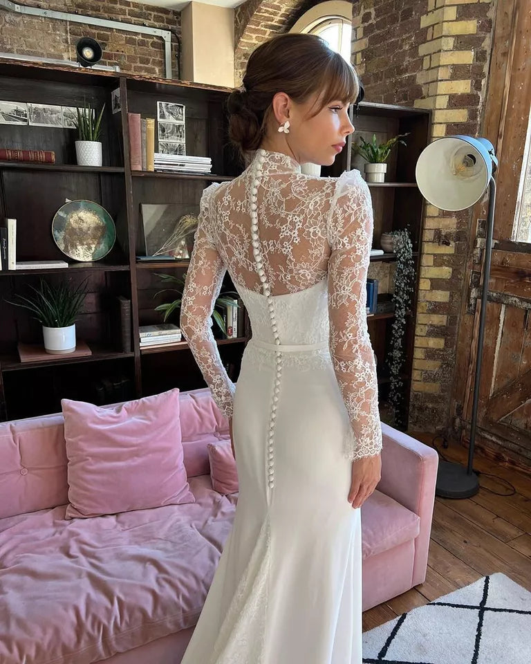 Elegant High Neck Mermaid Wedding Dress Long Sleeves Lace Illusion Button Bridal Gown Floor Length Vestidos De Novia Challoner